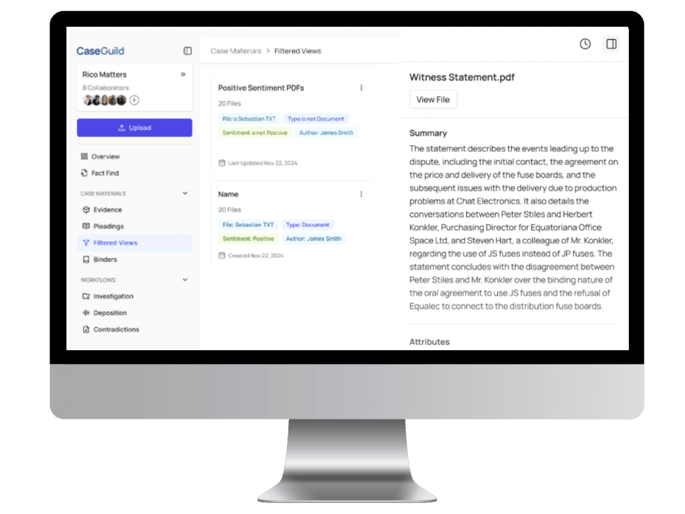 Legal workspace showing folders, documents, and evidence navigation