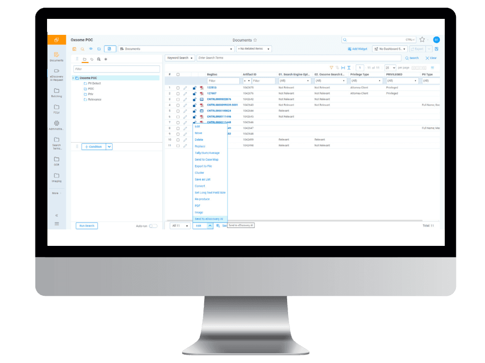 Legal discovery software interface suggesting structured early case analysis